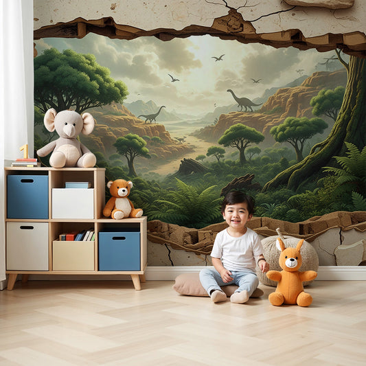 Kids-Mundo crumbling wall jungle dinosaur mural styled in a bright, playful nursery room.