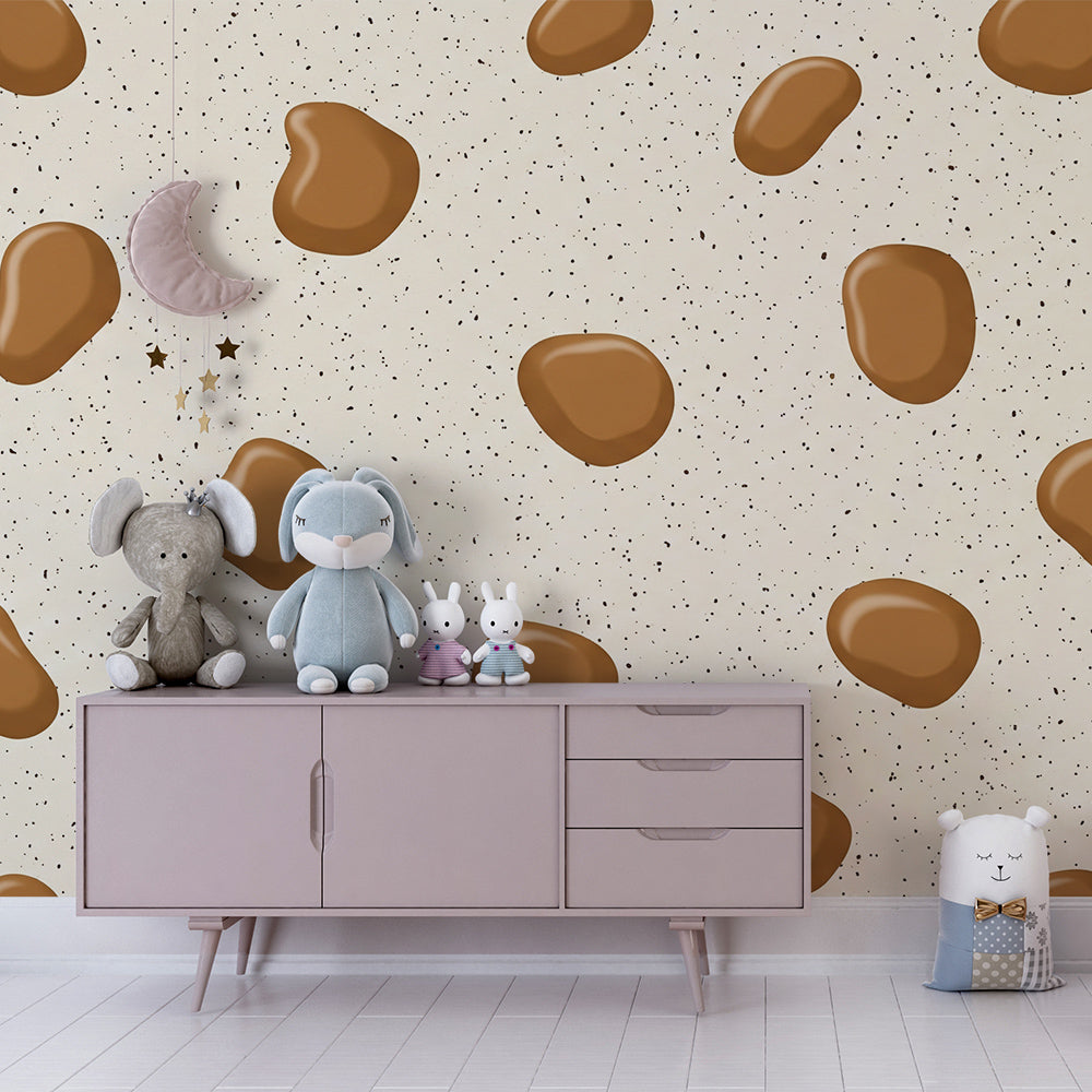 Kids-Mundo pebble pattern mural covering a feature wall in a neutral kids' bedroom