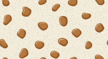 Kids-Mundo flat artwork of rounded chocolate-brown pebbles scattered on a speckled cream ground