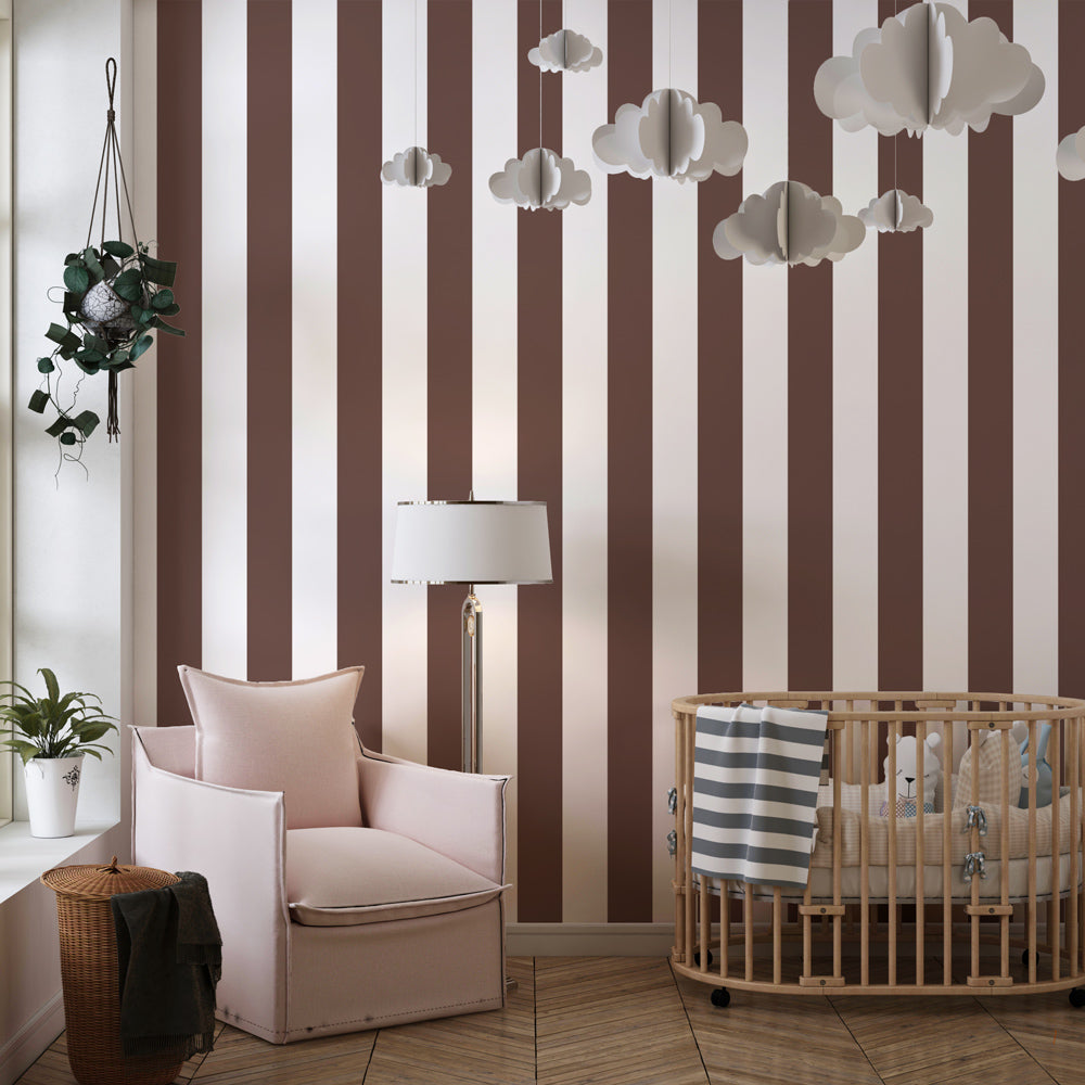 Elegant brown vertical stripes wallpaper creating cozy kids bedroom atmosphere