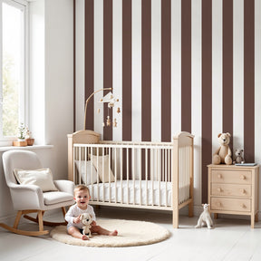 Brown striped mural wallpaper in modern nursery with wooden furniture by Kids-Mundo