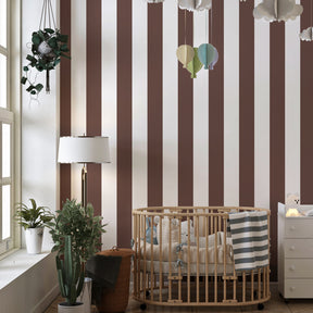 Classic brown striped wallpaper enhancing toddler room with natural decor elements