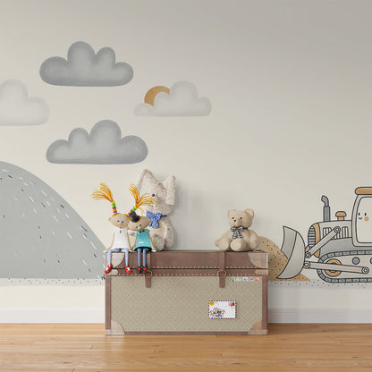Kids-Mundo bulldozer wall mural on a feature wall in a cosy kids bedroom.