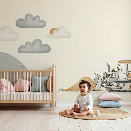 Kids-Mundo bulldozer wall mural styled in a calm, neutral nursery with a cot.