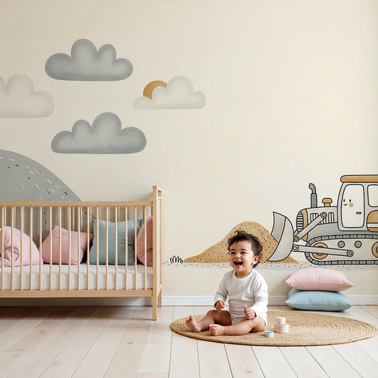 Kids-Mundo bulldozer wall mural styled in a calm, neutral nursery with a cot.