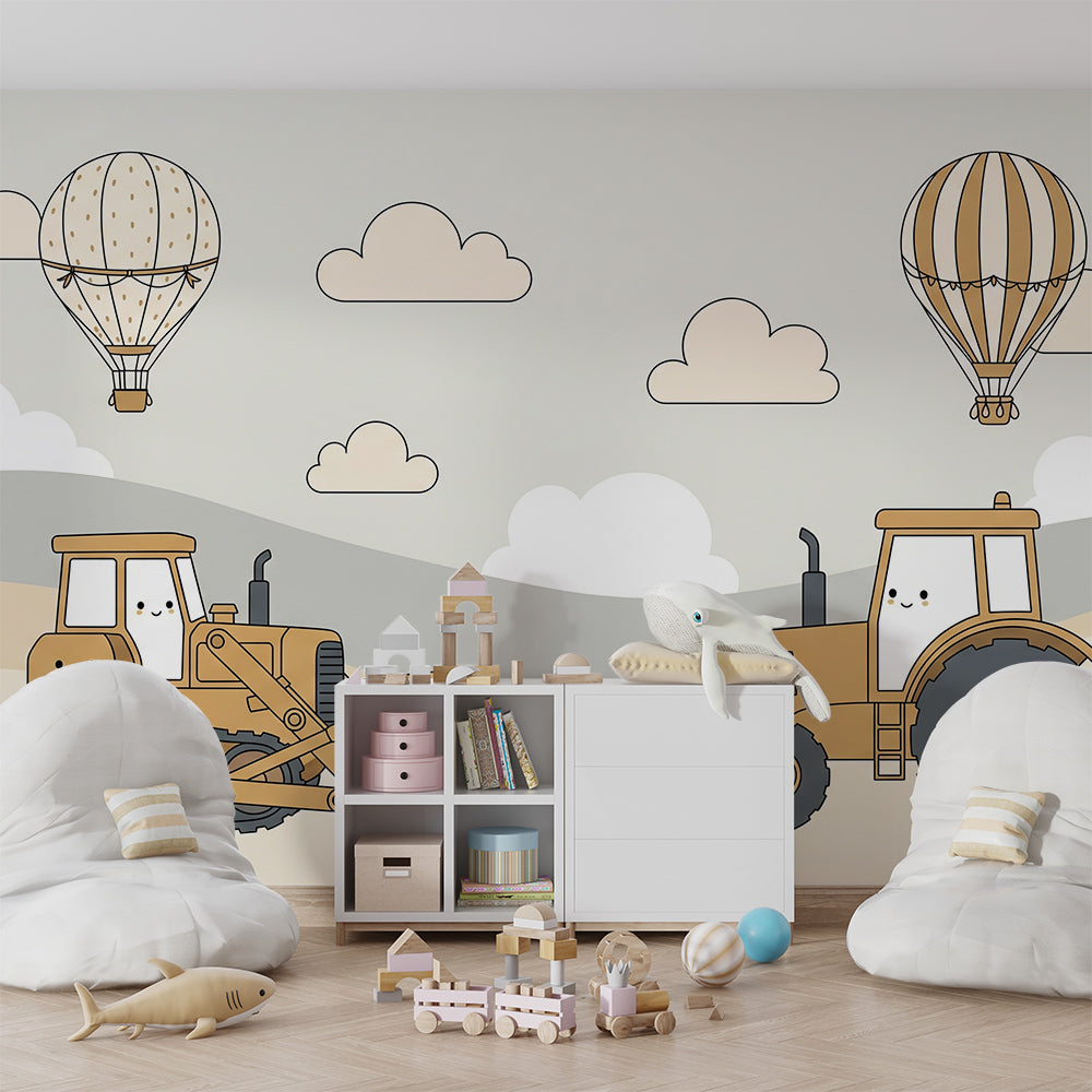 Kids-Mundo construction truck wall mural styled in a beige kids bedroom with hot air balloons