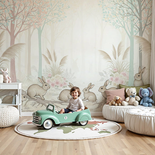 Kids-Mundo rabbit wall mural with a pastel forest scene printed behind a nursery cot