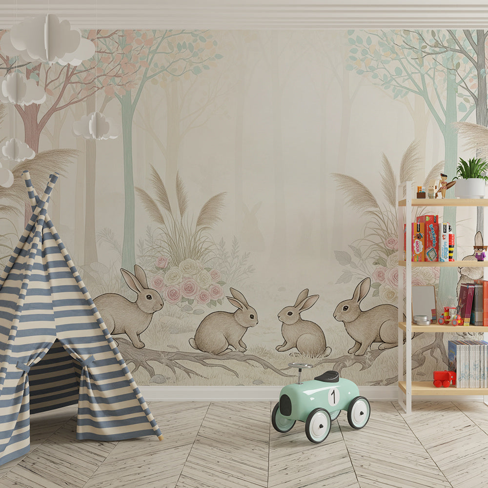 Kids-Mundo rabbit wall mural adding a dreamy pastel woodland scene to a playroom wall