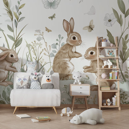 Kids-Mundo wildflower meadow wall mural styled in a child's bedroom with cosy linens.