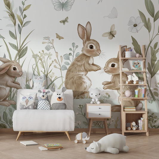 Kids-Mundo wildflower meadow wall mural styled in a child's bedroom with cosy linens.