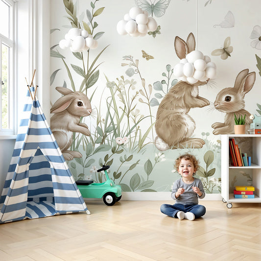 Kids-Mundo rabbit wall mural in a soft green nursery with a cot and wooden toys.