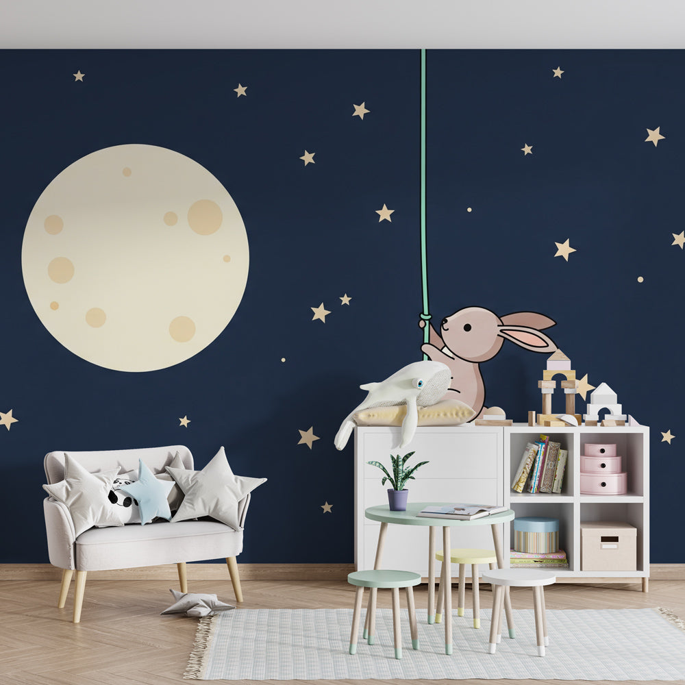 Moon and stars bunny mural wallpaper creating magical atmosphere in children's bedroom