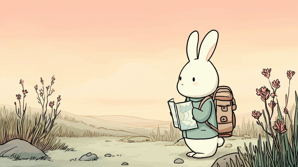 Detailed bunny explorer mural wallpaper design pattern with backpack and map by Kids-Mundo