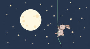 Detailed bunny adventure mural wallpaper design pattern with moon, stars and climbing rabbit by Kids-Mundo