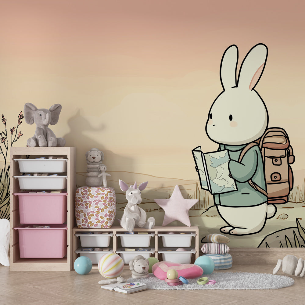 Explorer bunny wallpaper in modern kids bedroom with natural wood furniture and cozy atmosphere