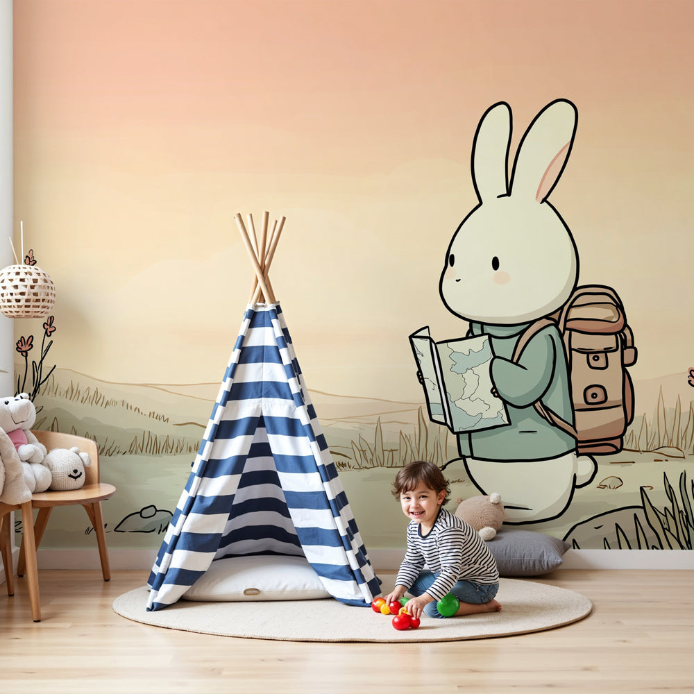 Bunny adventure mural wallpaper creating peaceful nursery decor with soft pink tones by Kids-Mundo