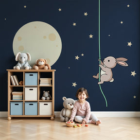 Bunny adventure mural wallpaper with moon and stars in cozy nursery setting by Kids-Mundo