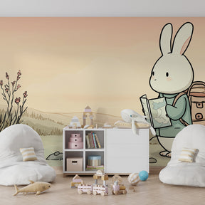 Adventure-themed bunny mural wallpaper inspiring exploration in bright children's playroom setting