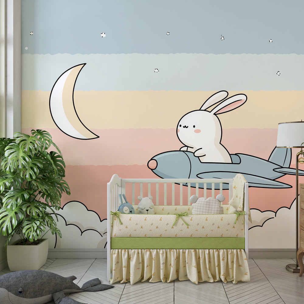 Whimsical rabbit airplane wallpaper transforming children's playroom into sky adventure