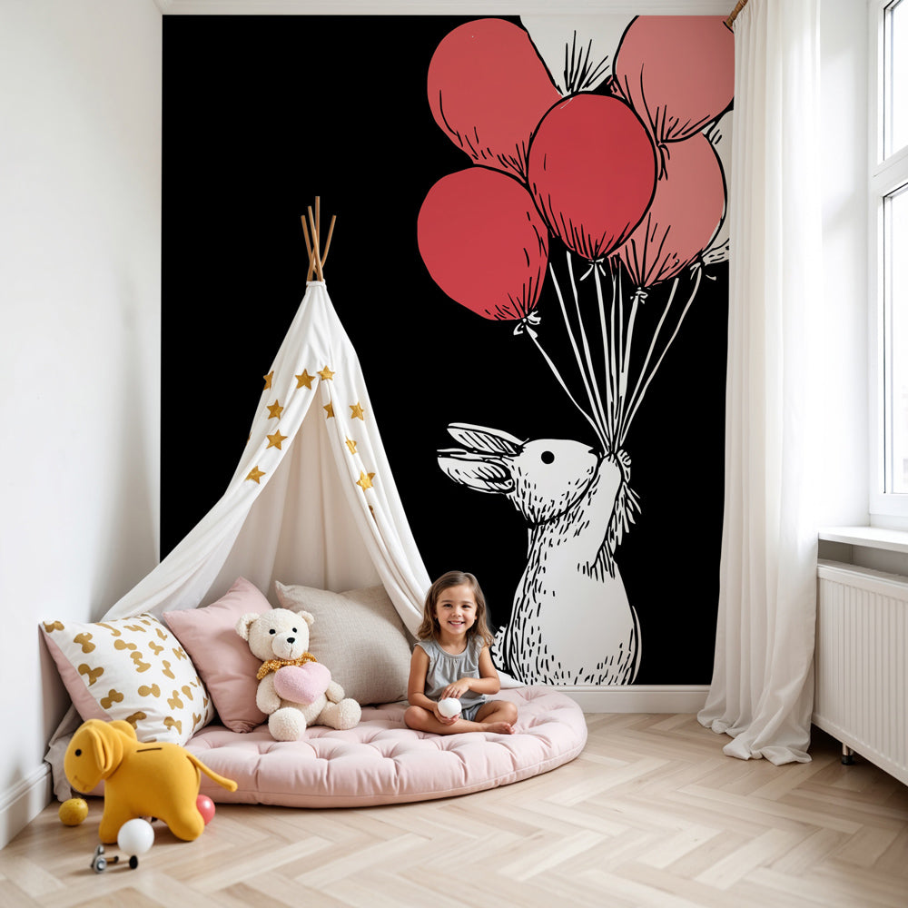 Bunny balloons mural wallpaper in modern baby nursery with white crib by Kids-Mundo