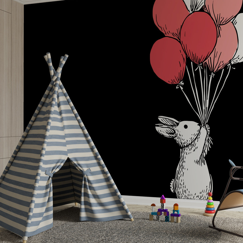 Animal themed bunny wallpaper with red pink balloons for kids room by Kids-Mundo