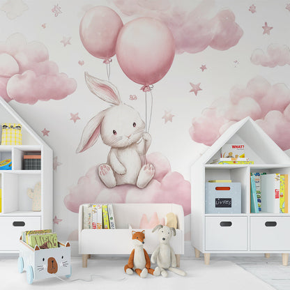 Kids-Mundo pink cloud bunny wall mural decorating a baby girl's bedroom wall