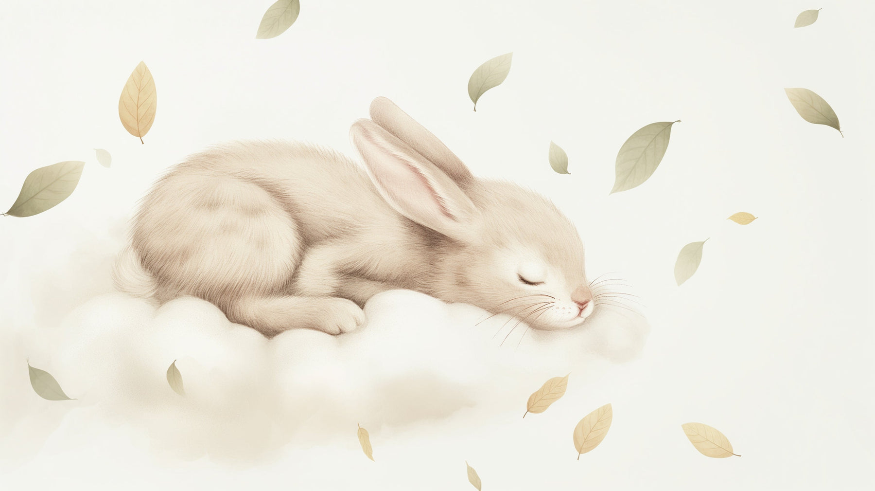 Detailed bunny on cloud mural wallpaper design pattern with floating leaves by Kids-Mundo