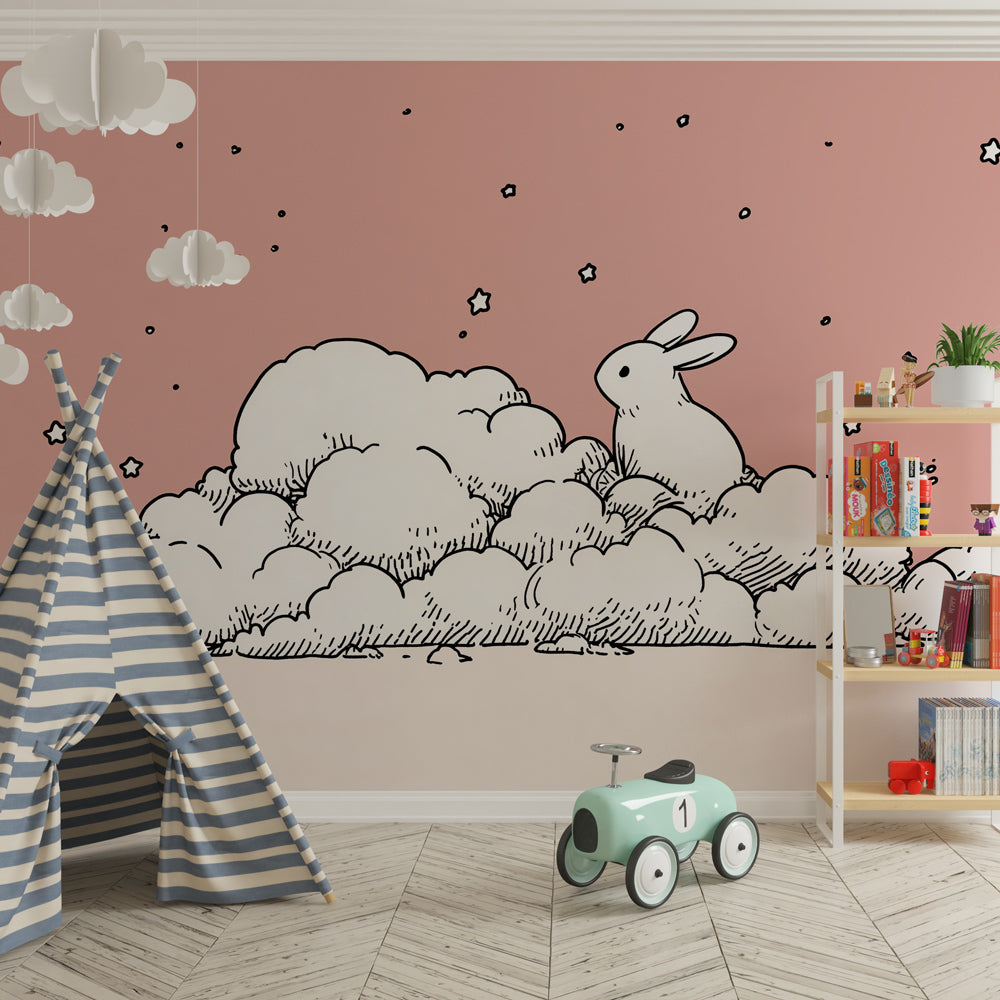 Cloud bunny mural wallpaper transforming toddler room into magical sleep space