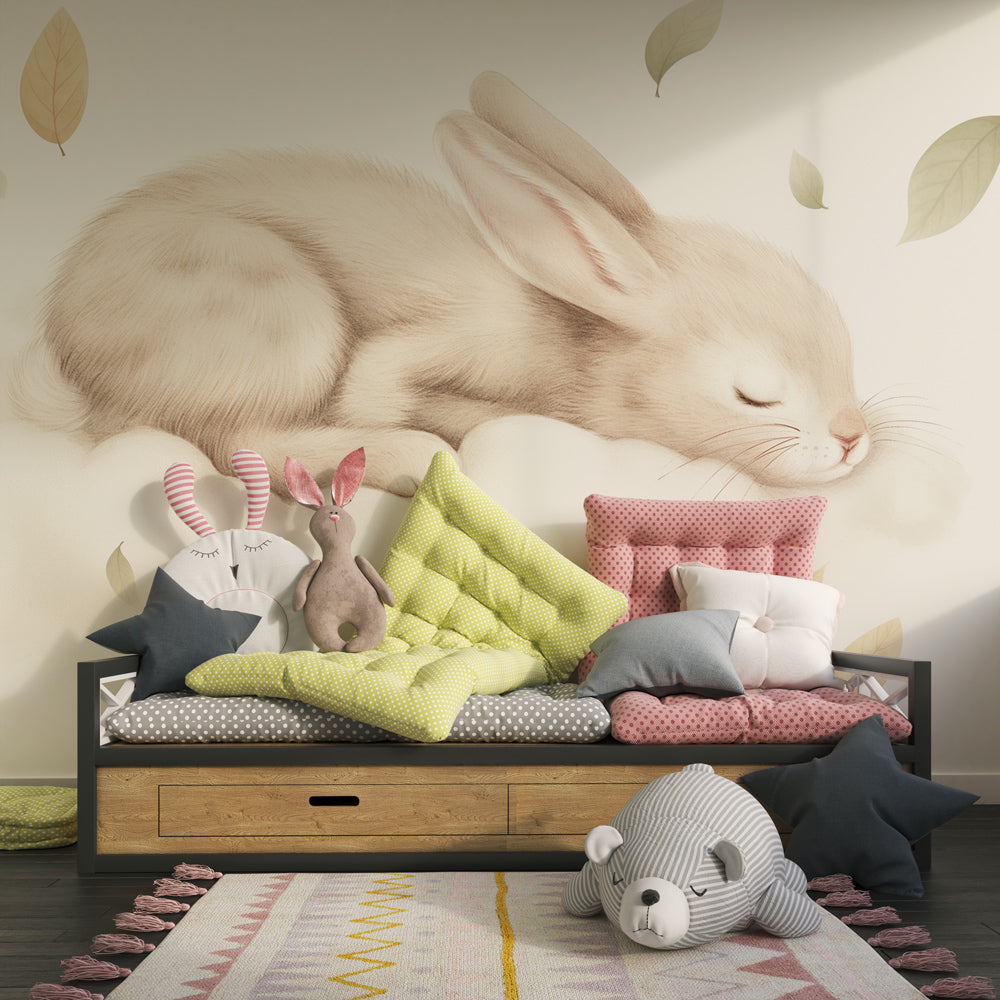 Soft neutral bunny cloud mural wallpaper complementing minimalist nursery furniture