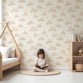 Bunny cloud mural wallpaper in peaceful nursery setting with neutral decor by Kids-Mundo