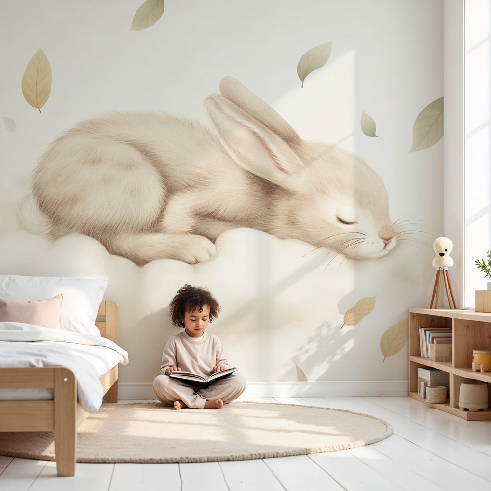 Peaceful bunny cloud mural wallpaper in modern nursery with wooden crib by Kids-Mundo