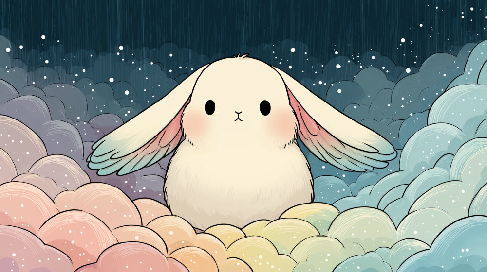 Detailed bunny and clouds mural wallpaper design pattern in soft pastels by Kids-Mundo