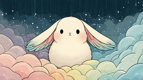 Detailed bunny and clouds mural wallpaper design pattern in soft pastels by Kids-Mundo