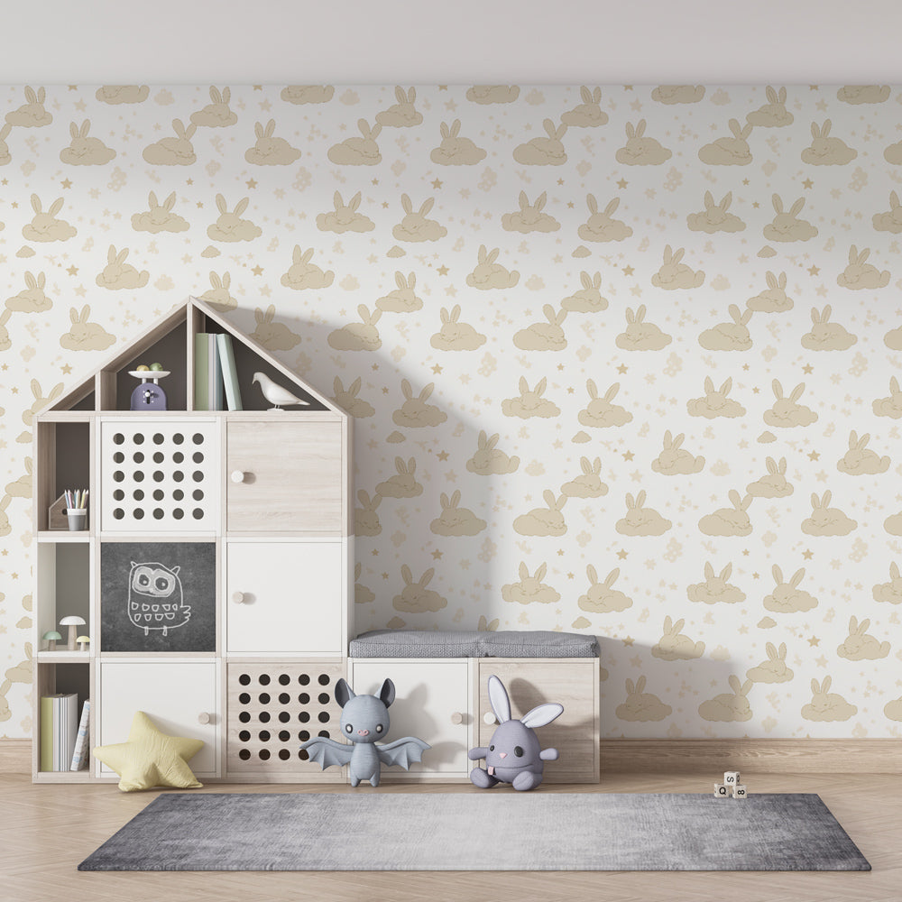 Peaceful bunny mural wallpaper transforming toddler room into magical sleep sanctuary