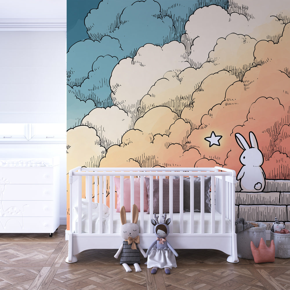 Contemplative rabbit mural wallpaper in modern kids bedroom with soft pastel cloud design