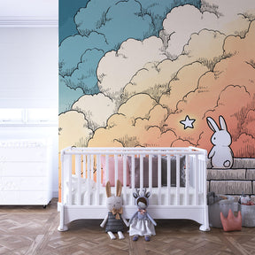 Contemplative rabbit mural wallpaper in modern kids bedroom with soft pastel cloud design