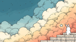 Detailed bunny dreams mural wallpaper design pattern showing contemplative rabbit and pastel clouds by Kids-Mundo
