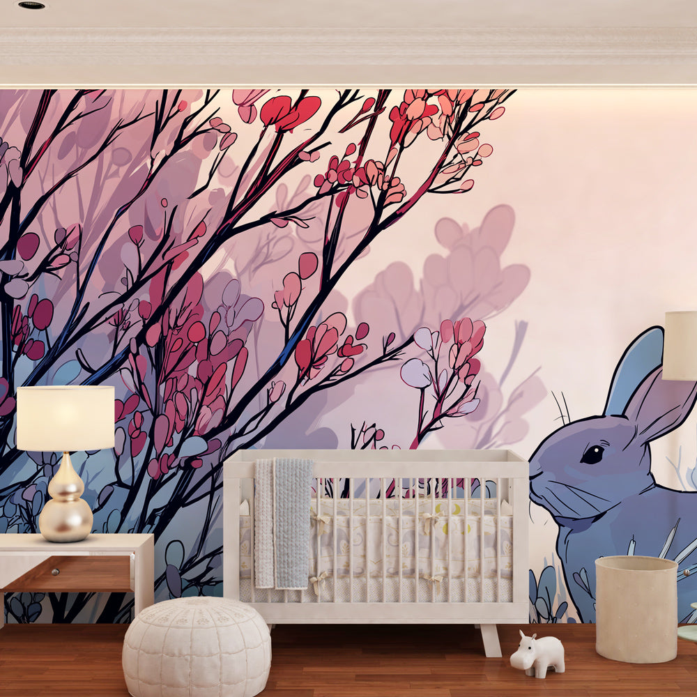 Charming bunny and flowers mural wallpaper transforming children's bedroom with gentle woodland design