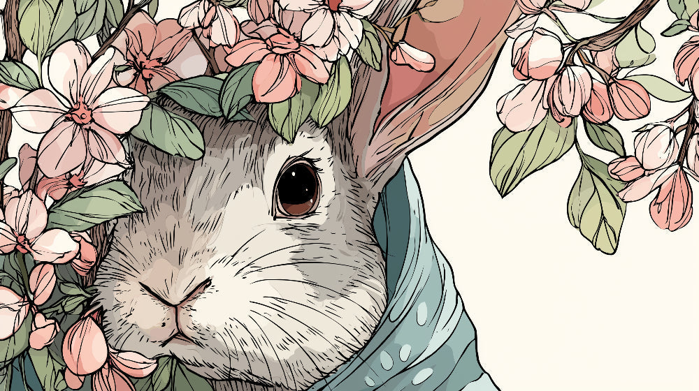 Detailed bunny and flowers mural wallpaper design pattern with rabbit in colorful scarf by Kids-Mundo