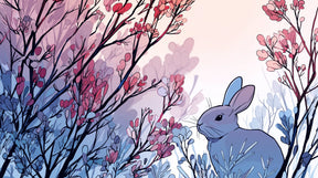 Detailed bunny and floral branches mural wallpaper design pattern in soft pastels by Kids-Mundo
