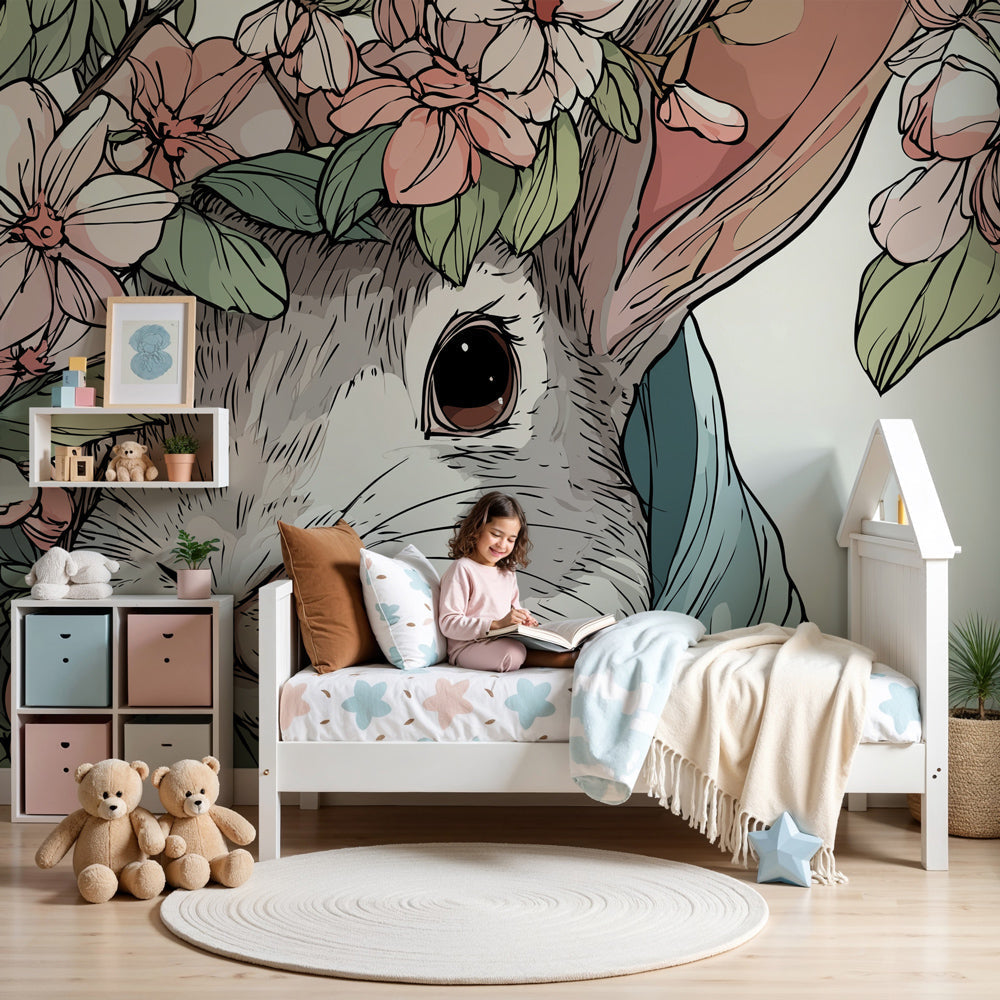 Bunny floral mural wallpaper in cozy nursery with natural wood furniture by Kids-Mundo