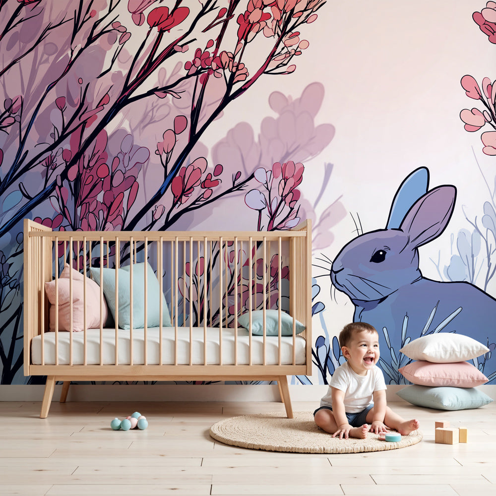 Bunny floral mural wallpaper creating magical nursery decor with soft pastel garden theme by Kids-Mundo