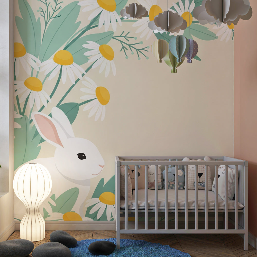 Nature-themed bunny wallpaper with blooming daisies creating calming playroom atmosphere