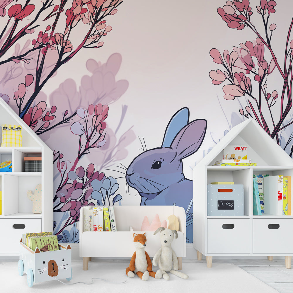 Sweet bunny garden mural wallpaper for kids playroom featuring delicate pink and blue flowers