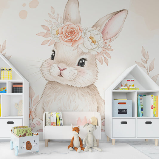 Kids-Mundo floral bunny wall mural covering a feature wall in a warm, cosy kids bedroom.