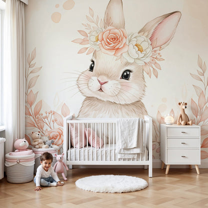 Kids-Mundo watercolour bunny wall mural styled behind a cot in a soft peach and cream nursery.