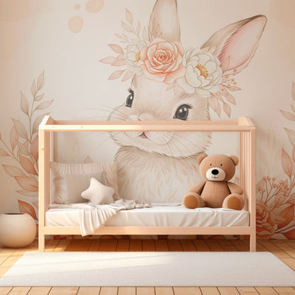 Kids-Mundo bunny with flower crown wall mural bringing a gentle backdrop to a bright playroom.