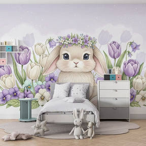 Rabbit garden wallpaper creating magical kids bedroom decor with purple flowers and bunny