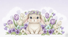 Detailed bunny flowers mural wallpaper design pattern showing rabbit with flower crown by Kids-Mundo