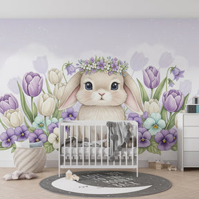 Floral bunny mural wallpaper transforming children's room with gentle mauve and white tones